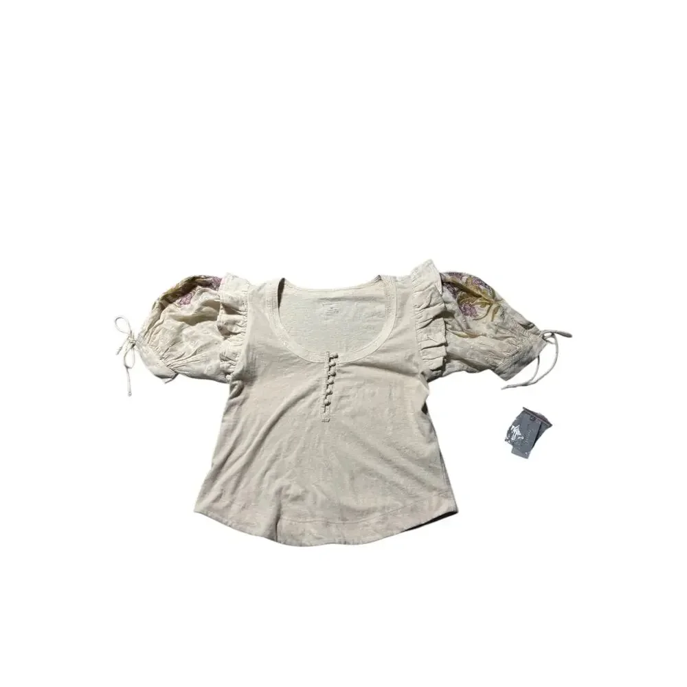 NWT By Anthropologie Embroidered Puff-Sleeve Blouse Top Womens M Cream Ruffled